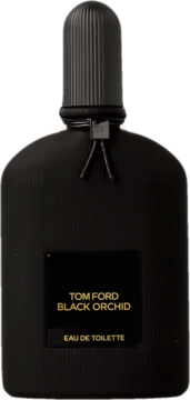Tom Ford Black Orchid Eau de Toilette, czarna butelka z pionowymi żłobieniami, złotym napisem na froncie.