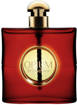 YSL Opium, orientalna woda toaletowa. Czerwona, prostokątna butelka ze złotą etykietą i korkiem, z przodu.