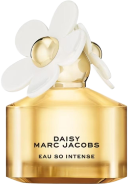 Perfumy Marc Jacobs Daisy Eau So Intense: złoty flakon, biała zakrętka w kształcie stokrotki, widok frontalny.
