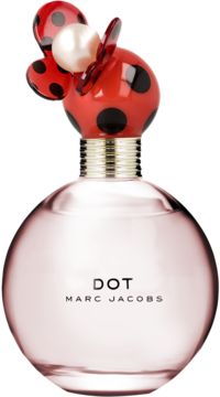 Perfumy Marc Jacobs Dot w kulistej butelce, różowy płyn, czerwona nakrętka z czarnymi kropkami i perłą, widok frontalny.