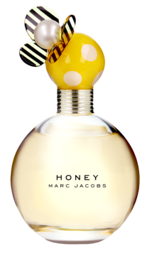 Marc Jacobs Honey woda perfumowana, okrągła butelka z pszczelim motywem na żółtej nakrętce, z przodu.