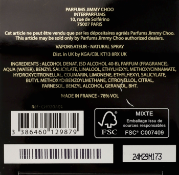 Tył opakowania perfum Jimmy Choo w czarnym kolorze, z białymi napisami składników, kodem kreskowym i logo FSC.