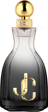 Butelka perfum Jimmy Choo I Want Choo Forever, gradient od czerni do przezroczystości, z złotym korkiem i logo JC.