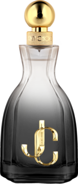 Jimmy Choo I Want Choo Forever, butelka perfum ombre z ciemnego szkła ze złotym logo JC, widok z przodu.