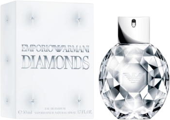 Emporio Armani Diamonds woda perfumowana dla kobiet: białe pudełko obok fasetowanej, diamentowej butelki. Widok z przodu.
