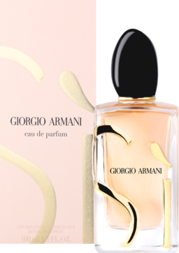 Giorgio Armani Si eau de parfum w szklanej butelce z czarnym korkiem i złotym motywem 'S', obok różowego pudełka.