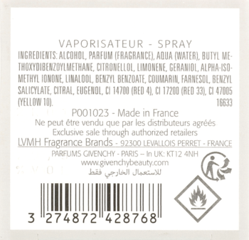 Tył etykiety perfum Givenchy Hot Couture w sprayu, biała z czarnym tekstem składników, kodem kreskowym.