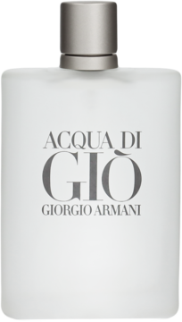 Acqua di Gio Giorgio Armani, matowa butelka wody toaletowej dla mężczyzn, widok z przodu, białe szkło i szary napis.