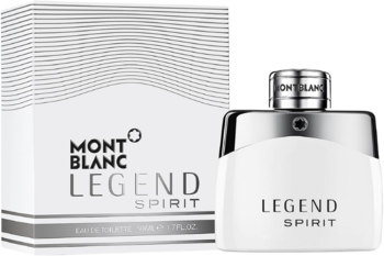 Mont Blanc Legend Spirit EDT, biała butelka z srebrnym wykończeniem i pasujące pudełko, ujęcie pod kątem.