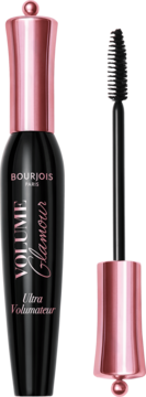 Czarny tusz Bourjois Volume Glamour Ultra Volumateur z różowo-złotą zakrętką, obok wyjęta szczoteczka.