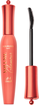 Koralowy tusz Bourjois Volume Glamour Lift & Stretch z wyjętą silikonową szczoteczką, widok z przodu.