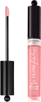 Różowy błyszczyk nawilżający Bourjois Fabuleux Gloss z połyskiem, w tubce, z wysuniętym aplikatorem.