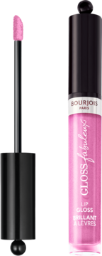 Nawilżający różowy błyszczyk Bourjois Fabuleux Gloss z aplikatorem obok butelki, na różowym tle.