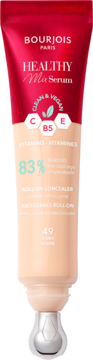 Bourjois Healthy Mix Serum Concealer 49 Ivory. Beżowo-czerwona tubka z aplikatorem roll-on, witaminy C, B5, E.