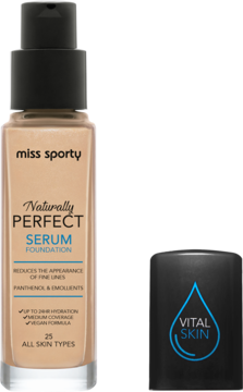 Nawilżający beżowy podkład Miss Sporty Naturally Perfect Serum Foundation, odcień 25, butelka z pompką, nakrętka obok.
