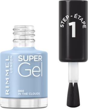 Rimmel Super Gel lakier żelowy In The Clouds, jasnoniebieski, butelka z pędzelkiem i aplikatorem "STEP 1".