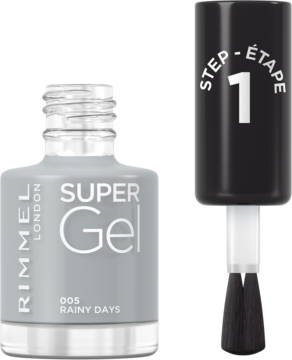 Szary lakier Rimmel Super Gel 005 Rainy Days. Obok butelki widoczny aplikator z napisem STEP 1.