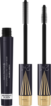 Max Factor Masterpiece 2in1 Lash Wow Midnight Black mascara. Open dark tube, two gold-accented wands with brushes for volume & length.