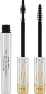 Max Factor Masterpiece 2in1 Lash Wow mascara, biała tubka z dwiema czarnymi szczoteczkami do wydłużania i objętości.