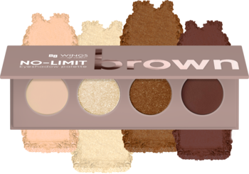 Mini paleta cieni AA Wings of Color No Limit Brown, 4 brązowo-beżowe odcienie mat/błysk, z próbkami.