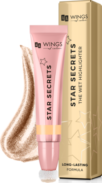 AA Wings of Color Star Secrets kremowy rozświetlacz Golden Glow w różowej tubce z gąbeczką, pudełko, swatch.
