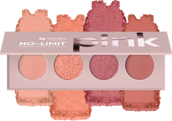 Mini paleta cieni AA Wings of Color No Limit Pink, 4 róże matowe i błyszczące, z rozsypanym pudrem.
