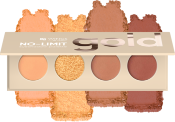 Paleta cieni AA Wings of Color No Limit Gold, 4 odcienie złota i brązu z błyszczącym i matowym wykończeniem, widok z przodu ze swatchami.