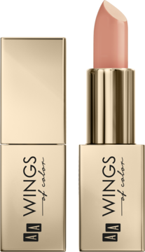 Dwie szminki AA Wings of Color Creamy Care Praline Nude w złotej obudowie, jedna otwarta z beżową pomadką.