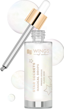 Magical Drops Glass Skin baza-serum w przezroczystej butelce z zakraplaczem i złotą nakrętką na świetlistym tle.