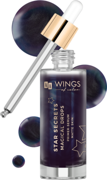 Wings of Color Magical Drops Matte Skin: matująca baza-serum w butelce z uniesionym zakraplaczem, w otoczeniu pereł.