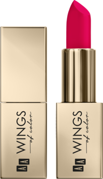 Dwie szminki AA Wings of Color Creamy Care w złotej obudowie. Jedna zamknięta, druga otwarta, ukazująca fuksjowy kolor.