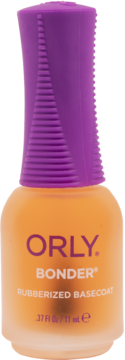Orly Bonder Rubberized Basecoat, matowa butelka w kolorze pomarańczowym z fioletową zakrętką, widok z przodu.