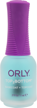 Orly Top 2 Bottom, 2-w-1 baza i top coat do paznokci, w jasnoniebieskiej butelce z fioletową nakrętką.