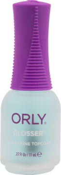ORLY Glosser High Shine Topcoat w butelce z matowego szkła, fioletowa żebrowana nakrętka, widok z przodu.