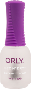 Orly Sec N' Dry Quick-Dry Topcoat w przezroczystej butelce z fioletową, ryflowaną zakrętką, widok z przodu.