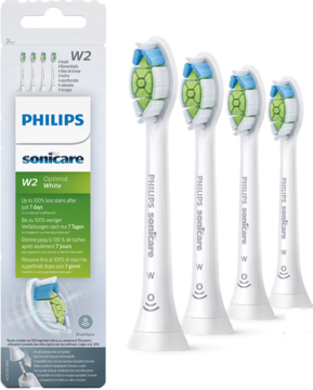 Opakowanie i 4 białe główki szczoteczki Philips Sonicare W2 Optimal White do bielszych zębów, zielone włosie.