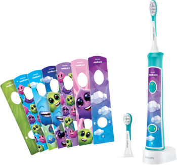 Philips Sonicare For Kids, turkusowa szczoteczka soniczna z 8 arkuszami naklejek i końcówką.