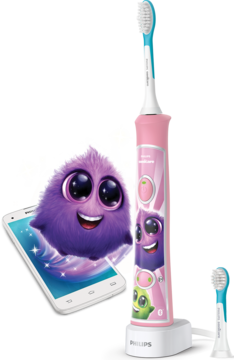 Różowa szczoteczka Philips Sonicare For Kids z naklejkami potworków i smartfonem z interaktywną aplikacją.