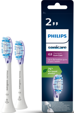 Dwie główki Philips Sonicare G3 Premium Gum Care białe z fioletem i niebieskim włóknem, obok opakowania na 2 sztuki.