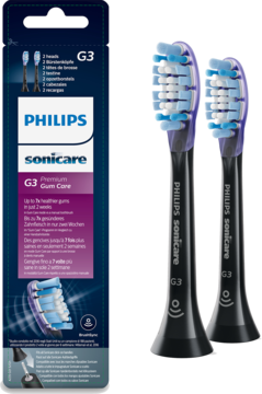 Philips Sonicare G3 Gum Care końcówki do szczoteczki: opakowanie i dwie czarne główki z niebieskim włosiem, widok z przodu.