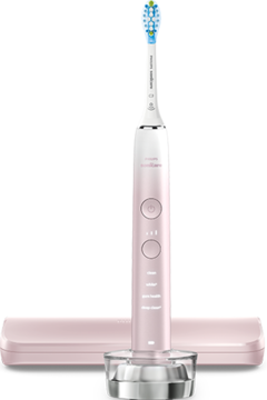 Różowa Philips Sonicare DiamondClean 9000, soniczna szczoteczka elektryczna, stojąca na ładowarce z etui.