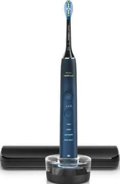 Granatowa szczoteczka soniczna Philips Sonicare DiamondClean 9000, z jasną główką, na podstawce i z etui.