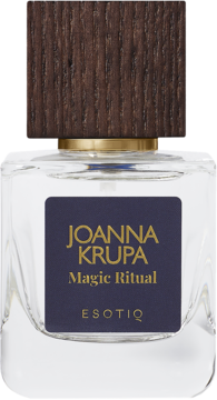 Woda perfumowana Joanna Krupa Magic Ritual, szklana butelka z brązowym drewnianym korkiem i złotym napisem.