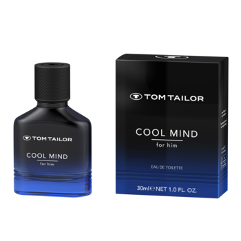 Tom Tailor Cool Mind for Him EDT. Czarna butelka z niebieskim gradientem obok pasującego pudełka, widok z przodu.