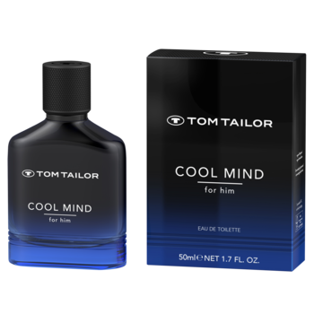 Tom Tailor Cool Mind for Him EDT, granatowa butelka i pudełko z napisem, widok z przodu na ciemnym tle.
