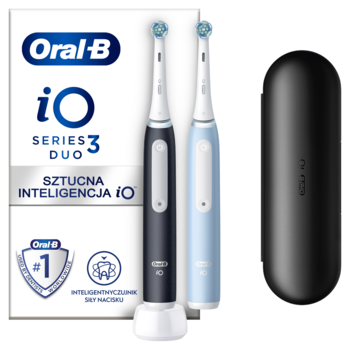 Oral-B iO Series 3 DUO: dwie elektryczne szczoteczki (czarna, jasnoniebieska) z inteligentnym czujnikiem nacisku, etui.