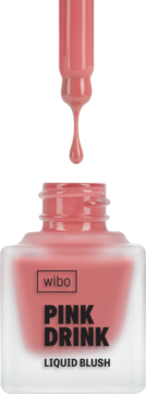 Wibo Pink Drink Liquid Blush w matowej szklanej butelce, z różową cieczą i kroplą spływającą z pipetki.