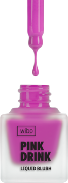 Wibo Pink Drink Liquid Blush w szklanej butelce, różowa ciecz, z aplikatorem i opadającą kroplą.