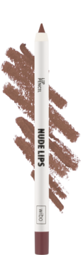 Trwała konturówka Wibo Nude Lips nr 6, biały ołówek z brązowo-nude końcówką i wyraźnymi swatchami na tle.