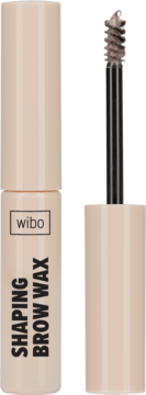 Wibo Shaping Brow Wax w beżowej tubce z brązową szczoteczką, widok z otwartym aplikatorem obok opakowania.